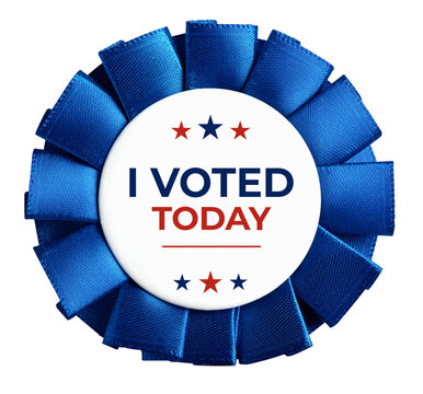 Blue rosette ribbon button with i voted today text and stars, on transparent background