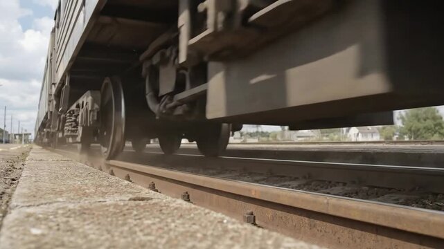 Freight train wheels moving fast on railway tracks, stirring up dust. Ground level view of a cargo locomotive in motion. Long distance journey.