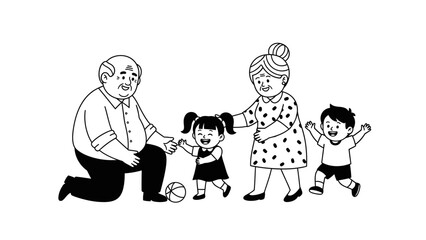 Fototapeta premium A black and white vector illustration of grandparents playing with their grandchildren, featuring an elderly couple, a boy, and a girl with a ball, representing happy family life and generations.