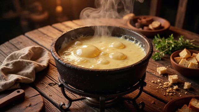 Steaming hot cheese fondue in a cast iron pot on a wooden table with bread croutons and fresh herbs