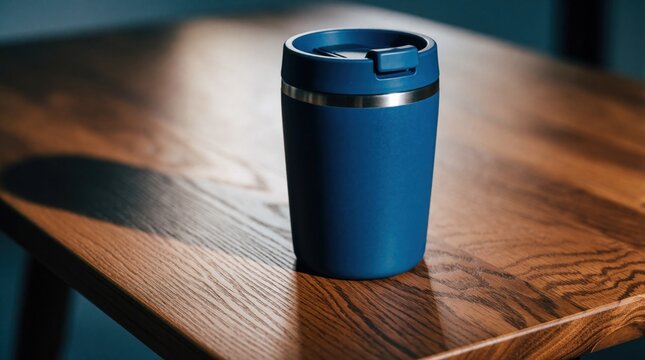 Blue travel mug rests on a brown wood table, casting a soft shadow. The container is sleek, modern, and perfect for hot or cold drinks, promoting sustainable beverage consumption on the go.