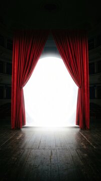 Red velvet curtains opening on an empty theater stage. Bright white light shines from the background onto the wooden floor.