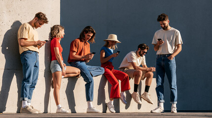 Obraz premium Gen Z Young Adults Using Smartphones in a Modern Urban Technology Lifestyle