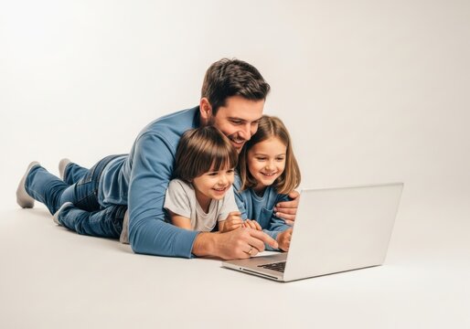 Father and two children lying on the floor and looking at a laptop screen isolated on white background