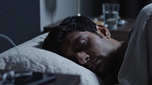 Man Sleeping Peacefully In Bed At Night Realistic Close Up