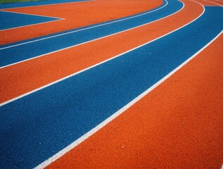 Obraz premium Top view of orange, blue running track with white lines. Empty athletic stadium lane pattern for sports training. Modern outdoor arena surface for sprinting competition, fitness exercise. Colorful