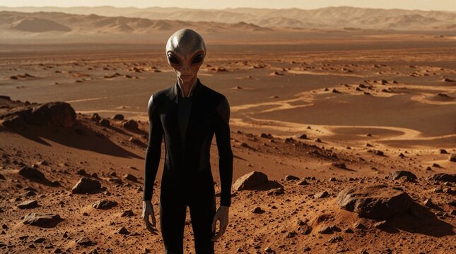 Humanoid alien in black suit stands on arid Martian surface. Barren landscape stretches to distant hills under hazy sky. Lone figure explores red planet. Sci fi concept.