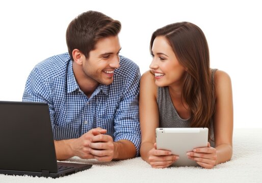 Happy young couple using laptop and tablet isolated on white background