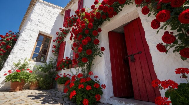 Charming white stone house adorned with vibrant red climbing roses and geraniums under a clear blue sky, featuring red wooden shutters and door, concept of mediterranean charm and summer beauty