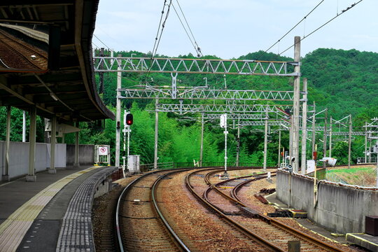 緑豊かな山を背景に大きくカーブする複線の線路と架線柱の風景