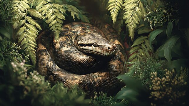 Coiled python snake hidden in lush green jungle foliage a dangerous predator in its natural habitat wildlife concept