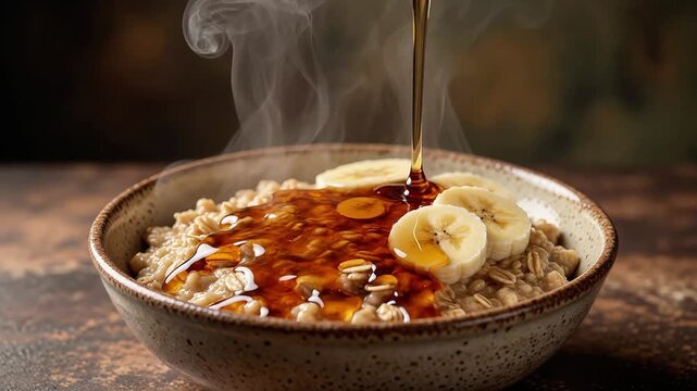 Warm oatmeal bowl with fresh banana slices and pouring maple syrup with rising steam porridge breakfast hot steaming