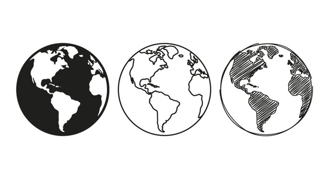 Globe Planet Earth World Map Line Art Icons Set