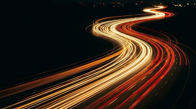 Long exposure light trails winding through dark highway night scenery.