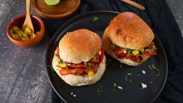 Aerial view of traditional Mexican tacos al pastor style torta sandwiches with pineapple and herbs