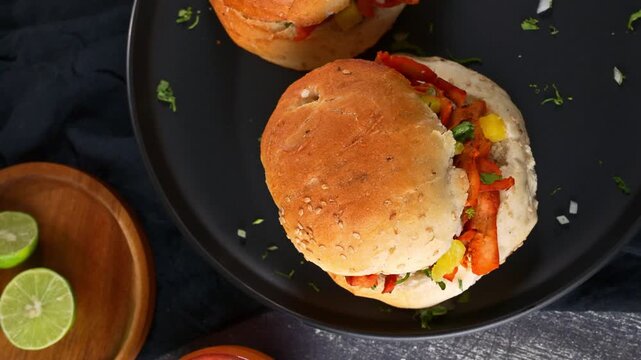 Authentic Mexican food. Pork tortas or cemitas al pastor on a dark rustic surface