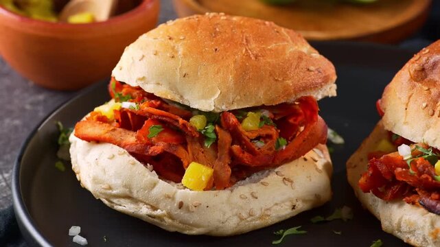 Close up of Mexican torta al pastor sandwich with shaved marinated pork