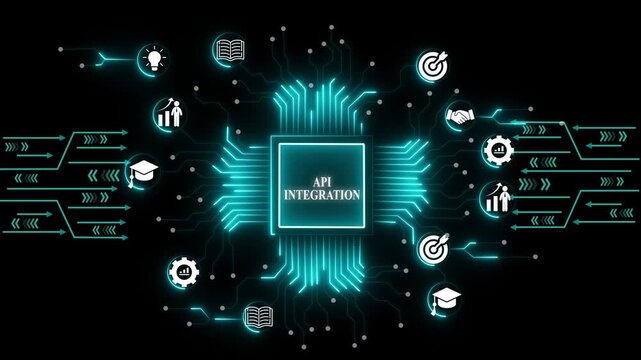  Api integration concept with digital and network connectivity motion software development. Api integration and digital transformation concept with hexagonal business and network connectivity motion..