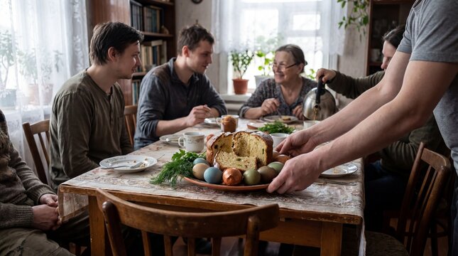 Men and woman celebrating Easter with traditional cake and colorful eggs at home. Family gathering for holiday meal concept.