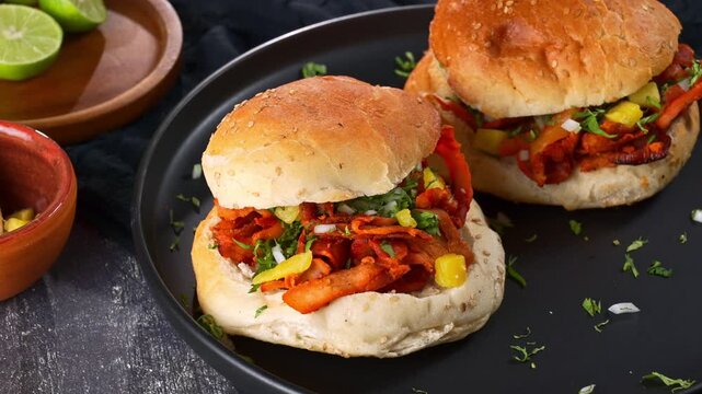 Close up of two delicious pork al pastor tortas on sesame buns. Mexican food