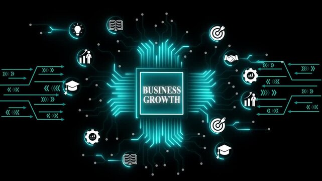 Business growth technology infographic animation. Digital business strategy concept with hexagonal infographic and growth technology innovation. 