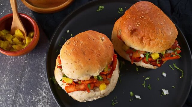 Gourmet Mexican sandwich or cemita with marinated meat and salsa