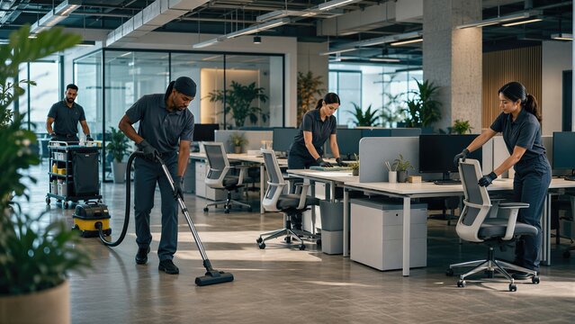 Team of professional cleaners busy with janitorial work in modern corporate office. Man and woman janitor staff vacuuming floor and cleaning desk. Commercial facility maintenance service.