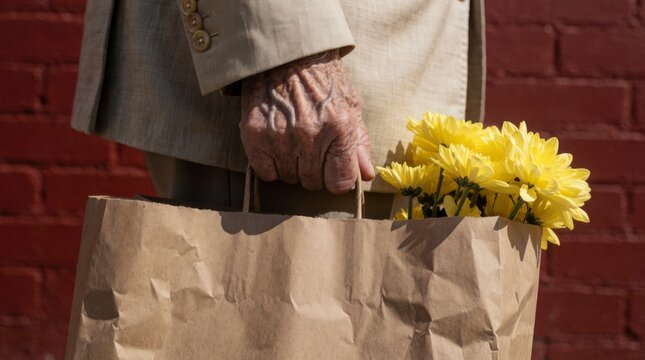 Close-up of an elderly person's hand holding a brown paper bag with bright yellow flowers against a red brick wall, concept of thoughtfulness and care