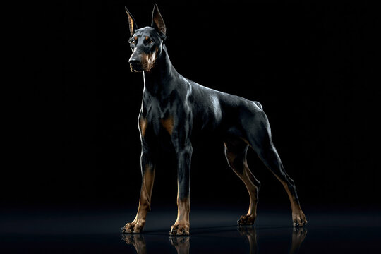 Elegant adult Doberman standing on a reflective black surface with dramatic side lighting, emphasizing a muscular silhouette and confident posture