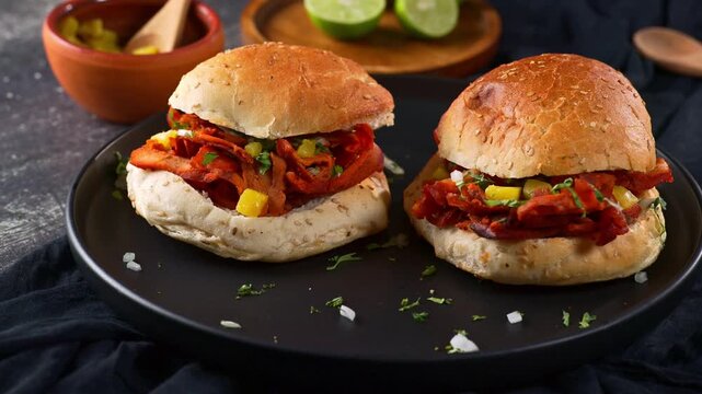 Savory Mexican style torta with roasted pork slices. Cemitas al pastor