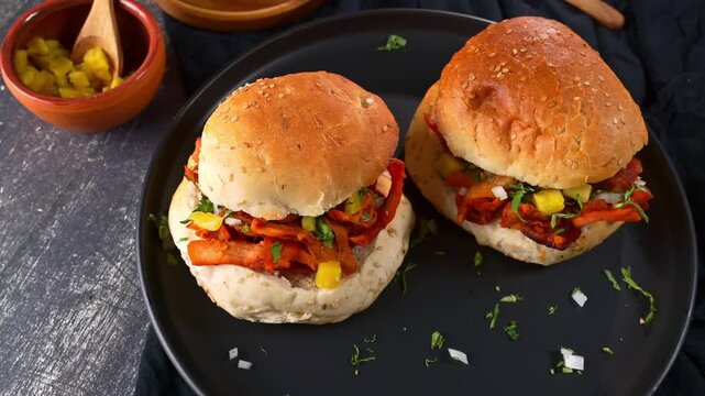 Street food style Mexican torta al pastor with marinated pork, pineapple, and cilantro