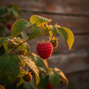 Close-up of a ripe red raspberry on a branch with green leaves, illuminated by golden sunlight against a blurred wooden background, concept of natural freshness and healthy produce