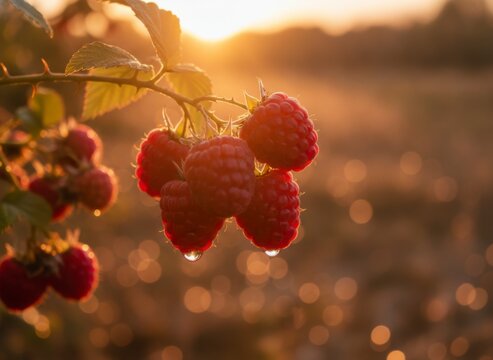 Close-up of fresh red raspberries with water drops on a branch at sunset, concept of natural harvest and healthy eating