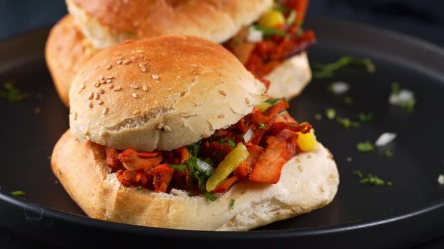 Torta al pastor in a toasted telera with sesame seeds bun with pineapple and fresh cilantro