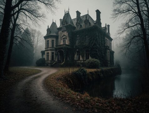 Spooky abandoned mansion stands near dark river in thick fog. Old mysterious manor with ivy walls sits in gloomy forest. Eerie empty house near winding path, autumn trees creates dark moody
