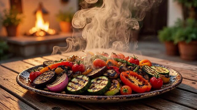 Grilled mixed vegetables on a platter with steam rising against a warm fireplace background barbecue food dinner