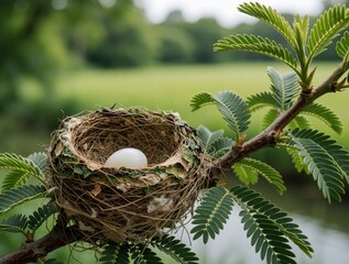 Naklejka premium Closeup of tiny hummingbird nest with single white egg on green tree branch. Small bird nest made of moss, grass in forest. Nature wildlife scene shows fragile life, new beginning in outdoor spring