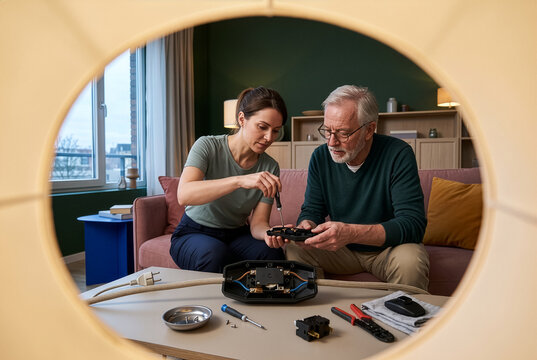 Repair technician and older homeowner fixing an unplugged floor lamp foot switch at home, illustrating household repair, skill sharing, product longevity and sustainable consumption.