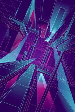 Abstract retro futuristic neon wireframe architectural grid background with cyan and magenta glowing lines in synthwave aesthetic