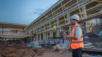 Fototapeta premium Asian engineer working at site of a large building project,Thailand people,Work overtime at construction site