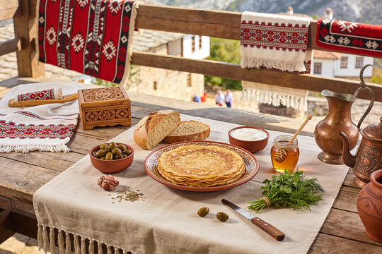 Traditional Albanian Fli Pastry and Authentic Heritage Food Still Life