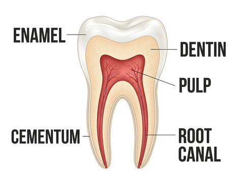 Tooth cross-section anatomy diagram with labeled parts isolated on white background
