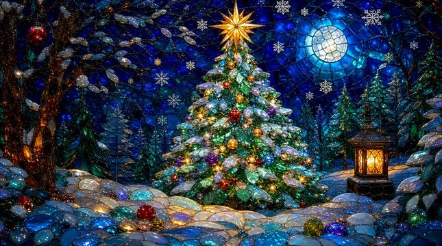 Festive stained glass Christmas tree glowing beneath a snowy moonlit winter sky