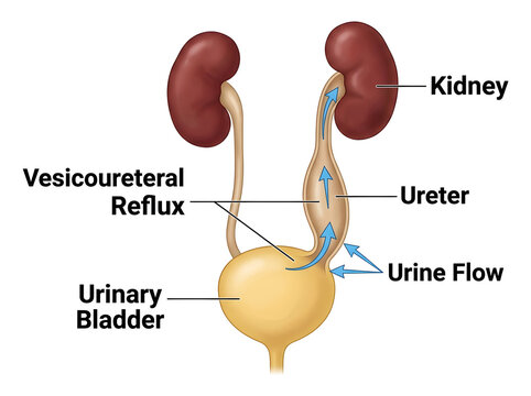 Vesicoureteral reflux urine flow medical illustration isolated on white background