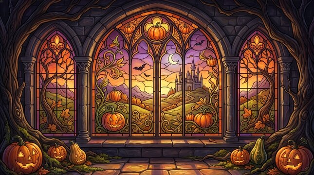 Fantasy stained glass illustration of a haunted castle surrounded by pumpkins, autumn leaves and bats beneath a glowing moon. Decorative Halloween mosaic artwork