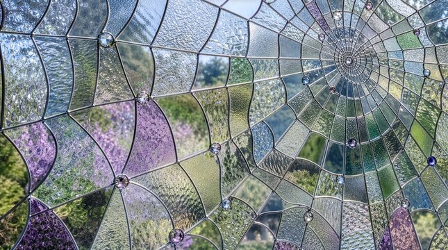 Abstract stained glass window with geometric web-inspired design, textured translucent glass and sparkling crystal accents