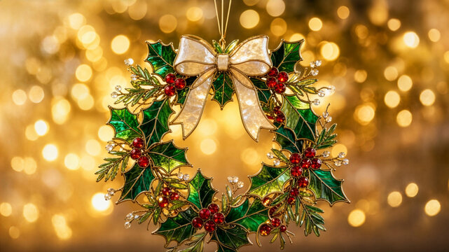 Stained glass Christmas wreath ornament decorated with holly leaves, red berries, evergreen sprigs and elegant white bow against festive golden bokeh lights