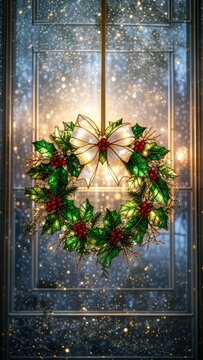 Festive stained glass Christmas wreath decorated with holly leaves, red berries, white bow and sparkling crystal details hanging in a snowy winter window