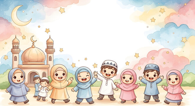 Ramadan illustration with mosque and children celebrating in a watercolor style