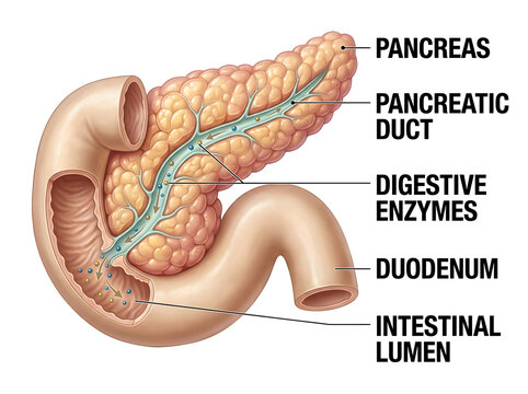 Human pancreas and digestive system anatomy illustration isolated on white background